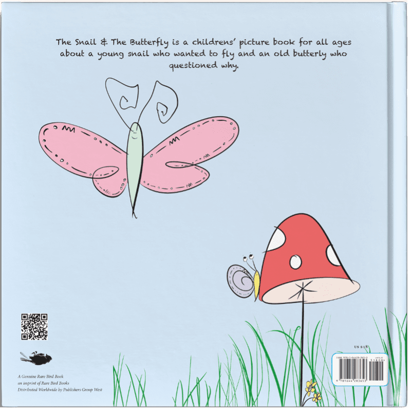 Back Cover with Whimsical illustrations by CJ the Kid from The Snail & The Butterfly Children's Book for Press Release